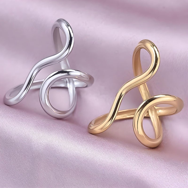 AiTURE Chunky Rings For Women, Gold Silver Thumb Ring Asymmetrical Wavy Curve Ring Adjustable Non Tarnish Dainty Stainless Steel New Year Anniversary Birthday Jewelry Gift - Image 4